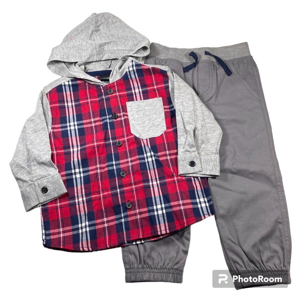 NWOT Little Rebels Plaid Shirt Hoodie With Gray Twill Joggers Size 18M